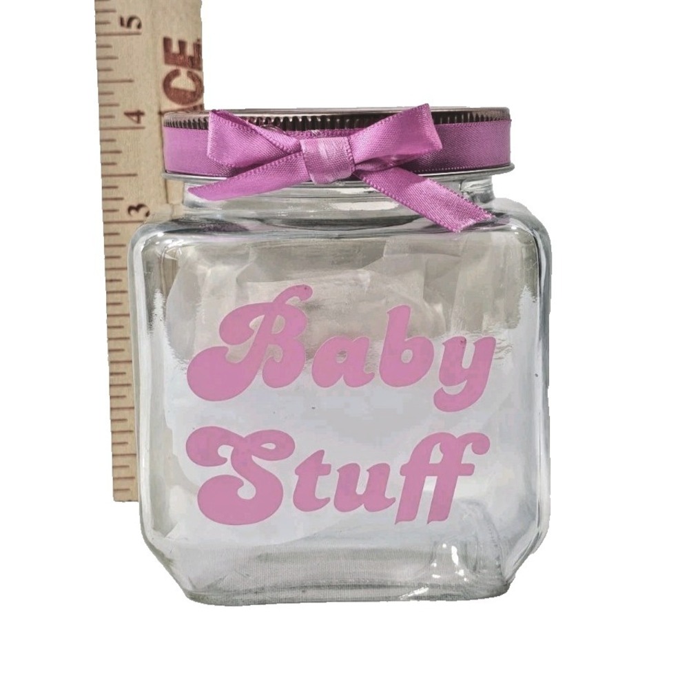 Baby Stuff Decorative Keepsake Nursery Room Decor Glass Jar Lid W Ribbon Bow - Picture 3 of 5